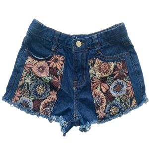 Preppy Shortie Denim Unique Boho Floral Tapestry Mid Blue Low Rise Jr 9/10